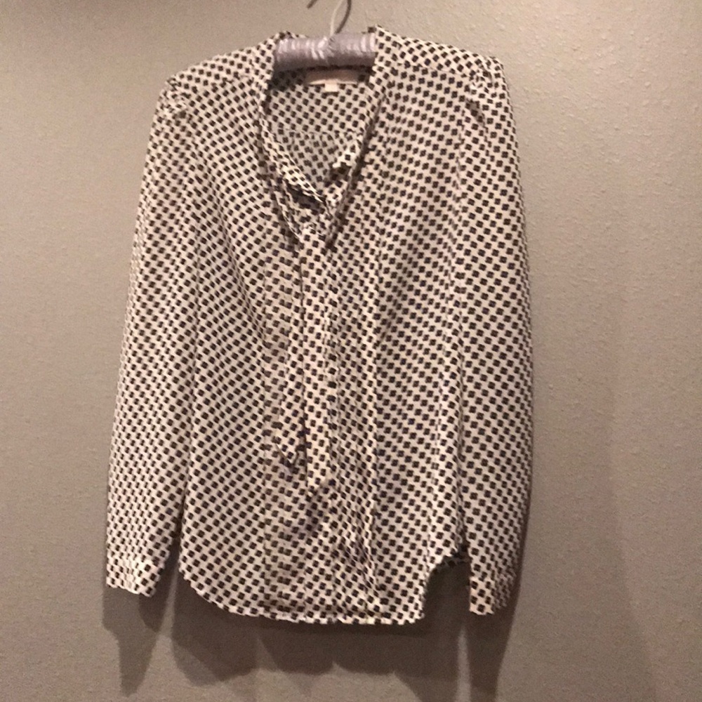 LOFT Sheer Black and White Floral Tie Neck Blouse